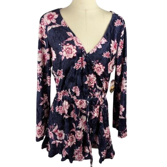 Be Bop Velvet Floral Print Romper Navy Women's Size XL Pink Flowers - Picture 2 of 4